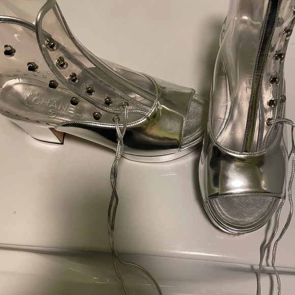 CHANEL Silver Lace Up Boots - Picture 1 of 5